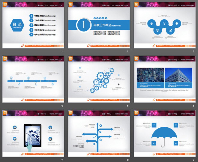 蓝色扁平化年终工作总结PPT图表大全