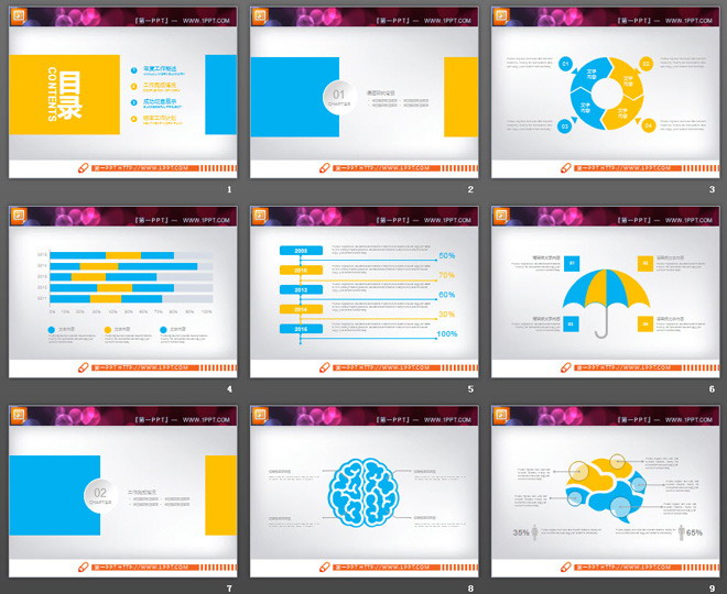 20张蓝黄组合扁平化PPT图表大全