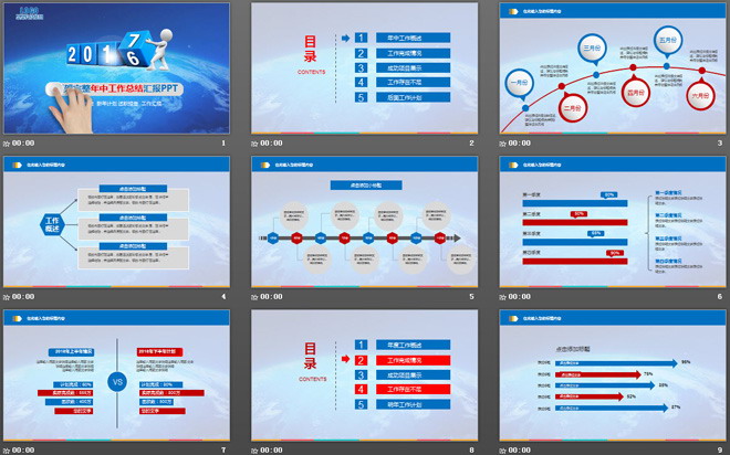 蓝色地球背景的动态手势工作汇报PPT模板