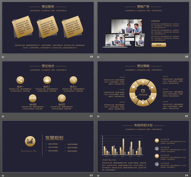 蓝底金字图文排版商业融资计划书PPT模板