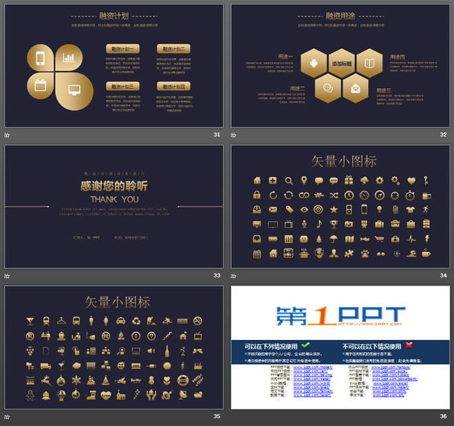 蓝底金字图文排版商业融资计划书PPT模板