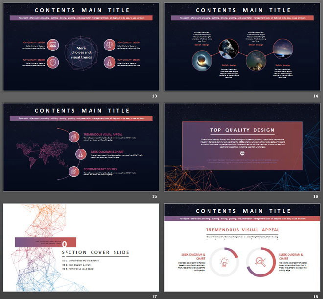 精致点线绘制星球背景商务PPT模板免费下载