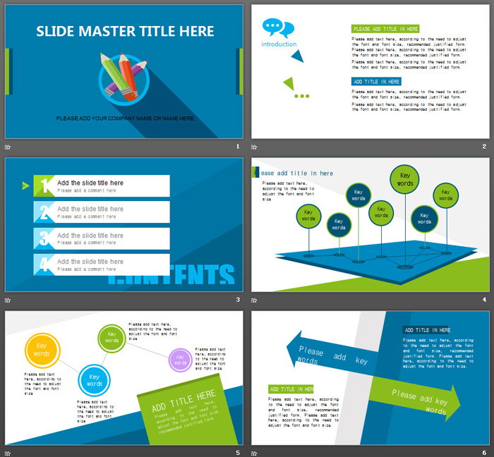 蓝绿扁平卡通铅笔背景PPT模板免费下载