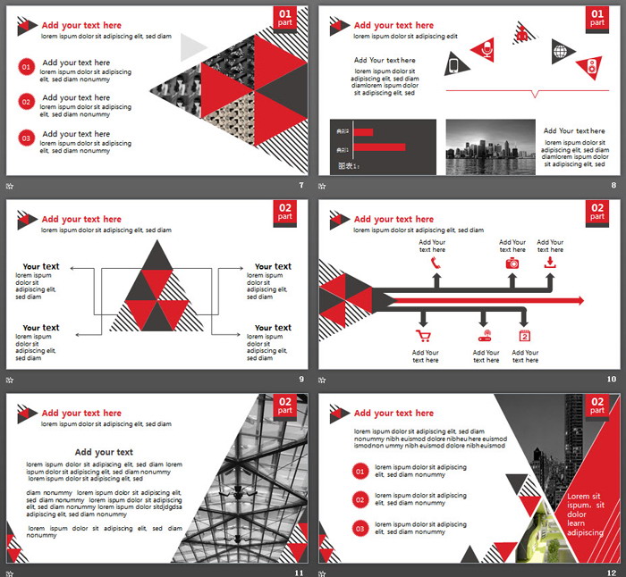 红色欧美三角形排版设计PPT模板