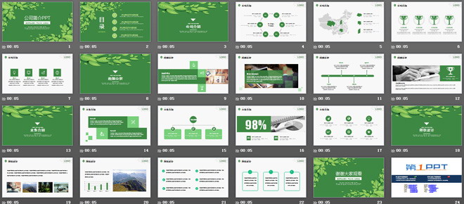绿色清新叶子背景的公司简介PPT模板下载