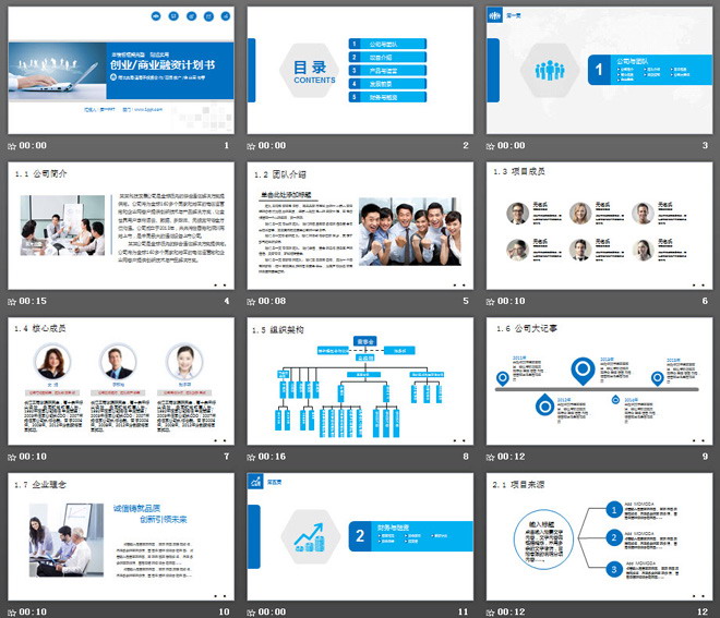 蓝色动态扁平化商业融资计划书PPT模板