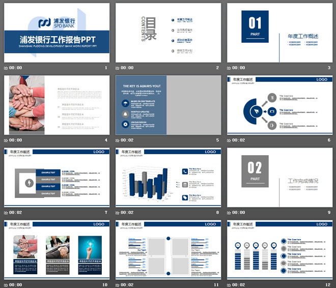 蓝色扁平化浦发银行工作汇报PPT模板