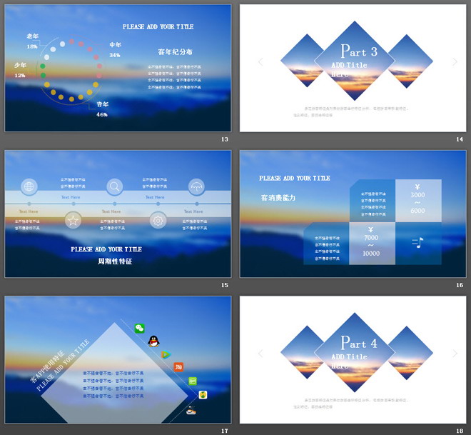 蓝色模糊云海背景的旅游行业数据分析PPT模板