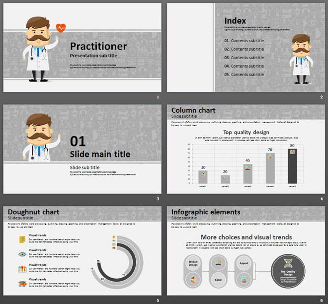 灰色卡通医生背景的医疗医院PPT模板免费下载