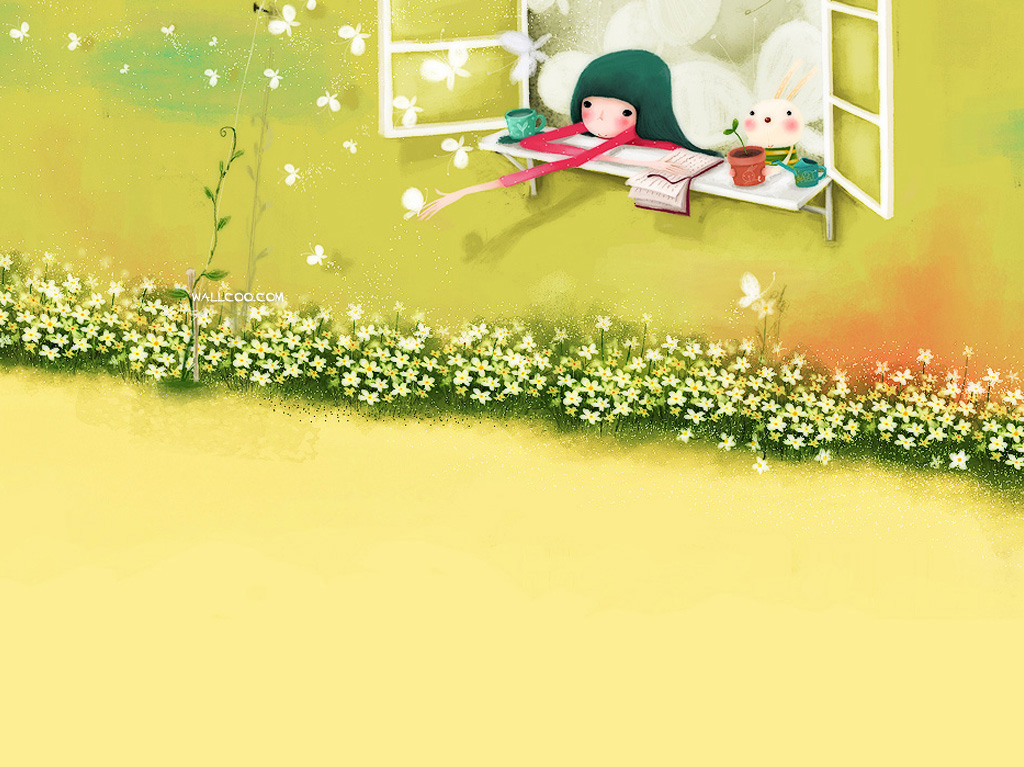 女孩趴在窗户赏花戏蝴蝶韩国卡通背景图片
